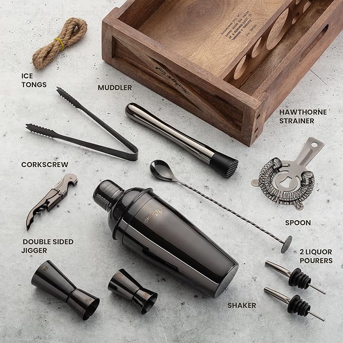 Mixology & Craft 11-Piece Cocktail Shaker Set with Wood Stand | Complete Cocktail Kit Gift Set | Top Bartender Gifts for Men & Women | Leak-Proof Tools (Gun-Metal Black)