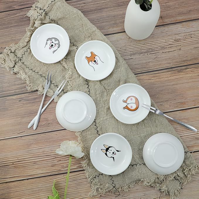 Funny Dogs Head and Butt Pattern Ceramic Sauce Dishes, Seasoning Dishes, Sushi Soy Dipping Bowls, Appetizer Plates, Dessert Plates, Little Cat Bird Feeding Bowls, Set of 6-Dogs-3.5 Inch