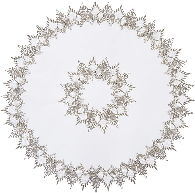 White Linen Decorative Lace Doily 33 inches Round Neutral Earth Tones Beige Lace Coffee Table Topper Dresser Scarf Place Mats (White, 33”Round)