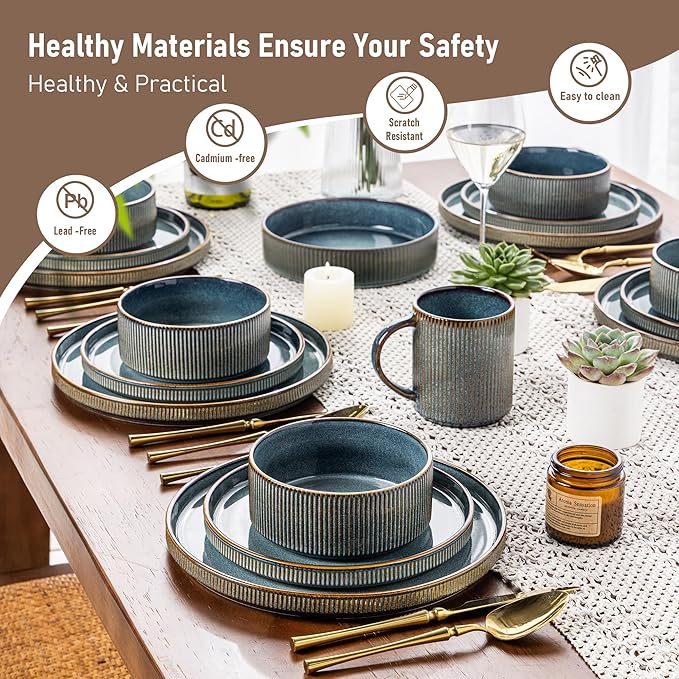GBHOME 12-Piece Stoneware Dinnerware Set for 4 – Ribbed Ceramic Plates and Bowls, Scratch-Resistant, Microwave & Dishwasher Safe, Reactive Glaze, Deep Ocean