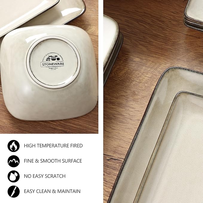 E-far Square Plates and Bowls Sets, 12-Piece Stoneware Dinnerware Sets for 4, Reactive Glaze Dish Set, Chip and Scratch Resistant, Microwave and Dishwasher Safe, Sandy Beige