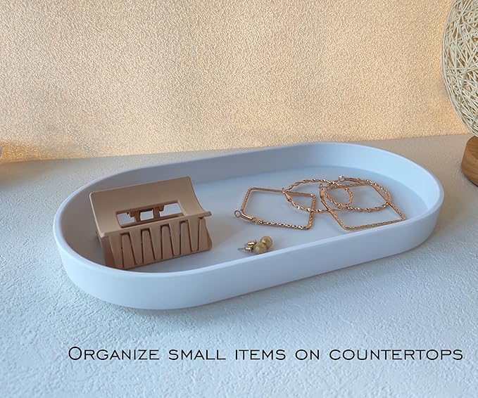 White Small Tray (10 inch), Oval Tray for Bathtub Bathroom Vanity Items, Countertop Organizer, Coffee Accessory, Soap, Perfume.
