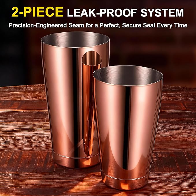 Boston Shaker Set, 18oz & 28oz 2-Piece Tins, Professional 304 Stainless Steel Cocktail Shaker with Leak-Proof Weighted Base for Bartending, Home & Bar Use (RoseGold)