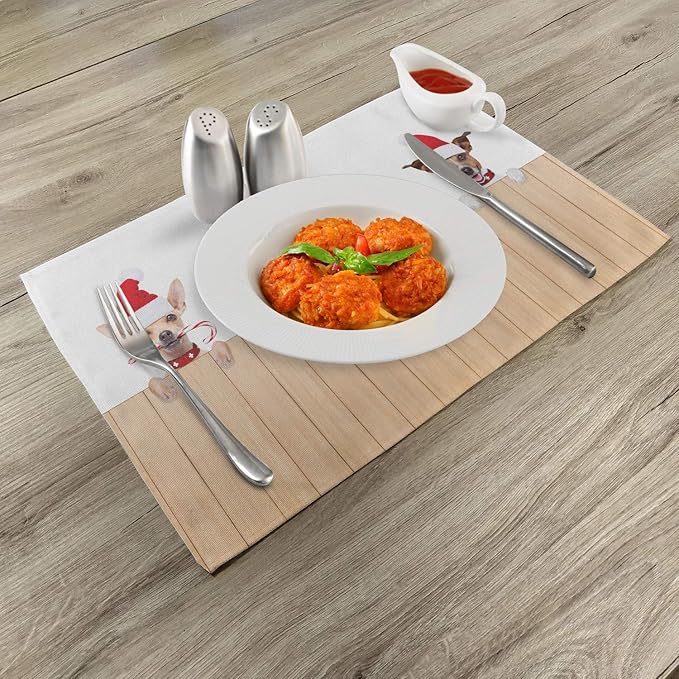 Ambesonne Christmas Place Mats Set of 4, Group of Santa Claus Dogs Over Wooden Fences Humor Animals Noel Puppies Pet Graphic, Washable Fabric Placemats for Dining Table, Standard Size, Tan Red