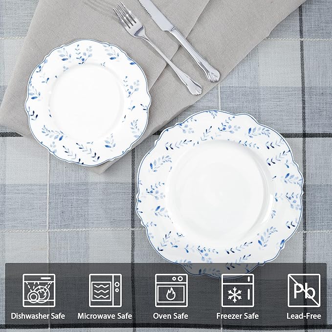Fanquare Blue Leaves 8" Porcelain Dessert Plates Set - White Ceramic Small Dinner Plates