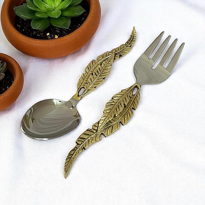 Gold Salad Serving Spoon and Fork Set – Stainless Steel with Decorative Leaf Handle – Elegant 2-Piece Flatware Set for Salad, Pasta, Fruits (10" inches)