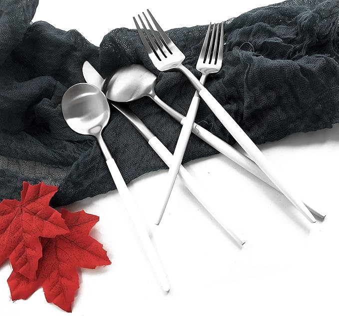 Matte Silverware Set, 20-Piece 18/10 Stainless Steel Satin Finish Flatware Set Service for 4, Kitchen Utensil Set, Tableware Cutlery Set for Home Restaurant (White Handle Silver, 20-Piece)