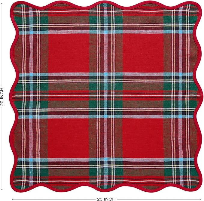 Solino Home Scallop Linen Napkins Set of 4-100% Pure Linen Red Madras Holiday Plaid Dinner Napkins Cloth 20 x 20 Inch for Christmas, New Year - Giselle Scallop Edge, Handcrafted and Machine Washable