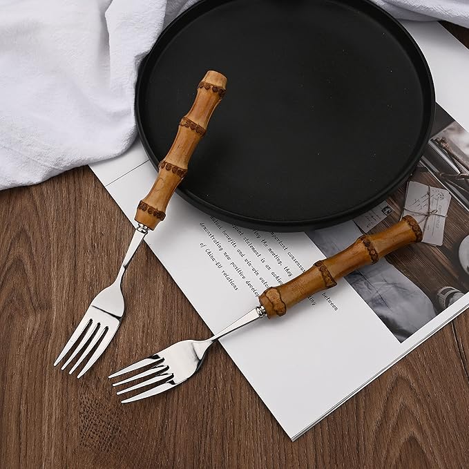 40 Pcs Bamboo Handle Cutlery Sets, Natural Bamboo Flatware Set for 10, Silver Stainless Steel Silverware Set for Home Party Restaurant, Handcrafted Eating Utensils, Include Knife Fork Spoon