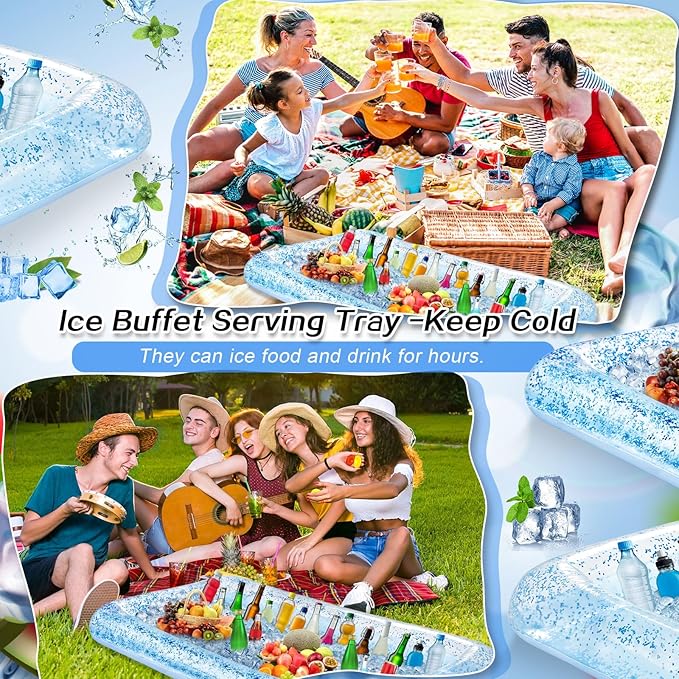Leitee 3 Pcs Inflatable Serving Bar 52 x 24 x 5'' Ice Buffet Serving Tray Drink Cooler with Drain Plug Inflatable Pool Bar for Party Food Drink Holders with a Hand Pump(Glitter Blue)