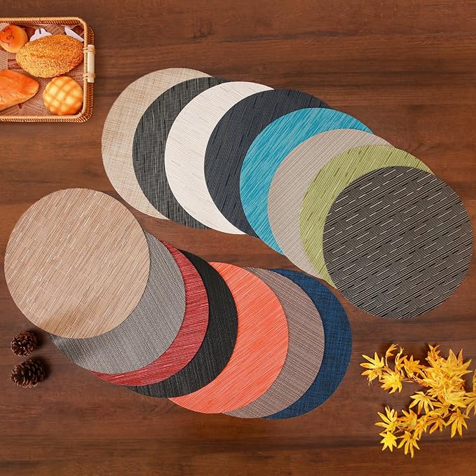Round Placemats Set of 6 Heat Resistant Vinyl Placemats 15 inch Washable Non-Slip Table Mats Woven Place Mats for Dining Table (Black + Dark Gray, Set of 6)