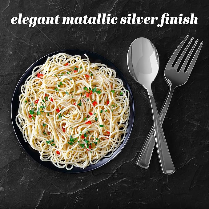 Plasticpro Disposable Plastic Silver Serving Utensils 6 Serving Forks & 6 Serving Spoons Durable Heavy Duty Premium Serving Utensils Silver 6 Sets