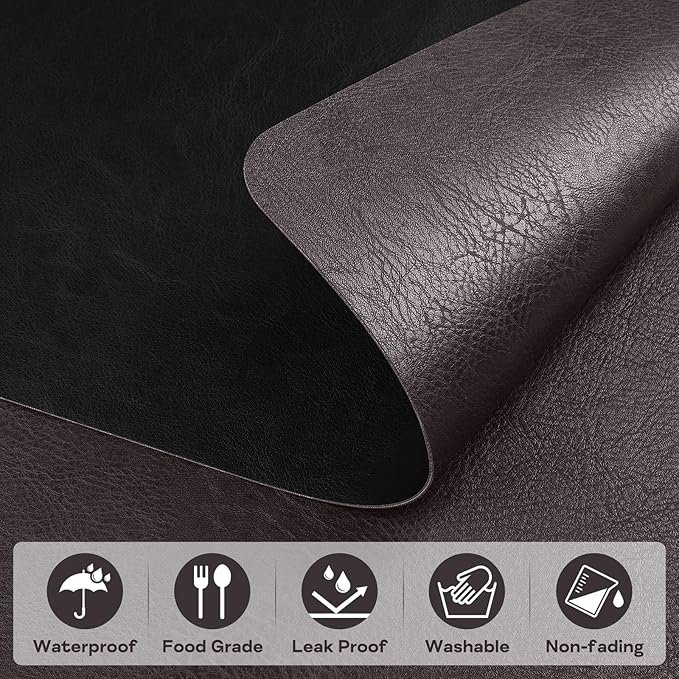 Faux Leather Placemats Set of 6, Vinyl Placemats Wipeable Waterproof Oil-Proof Table Mats, Heat Resistant Place Mats for Kitchen Indoor Outdoor, 16.9 x 11.8 Inch (Choco Brown/Black)