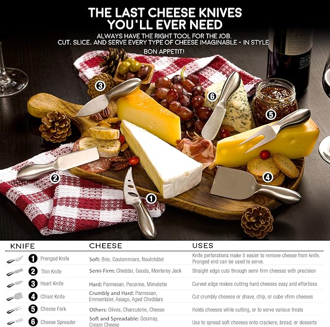 Lunar 6-Piece Cheese Knife Set - Premium Stainless Steel Cheese Knives Collection - Charcuterie Board Accessories Gift Ready w/ 15 Festive Recipes