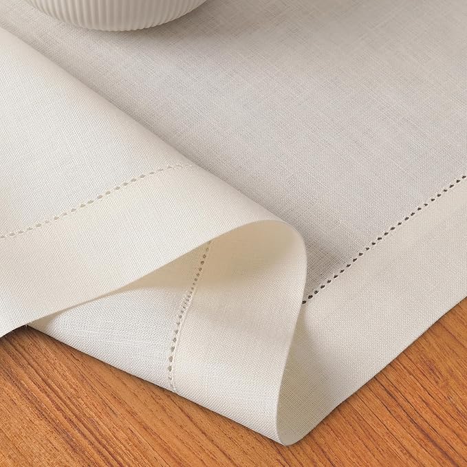 D'Moksha Homes Linen Ivory Table Runner 36 Inches - 100% Pure Linen Small Table Runner 14 x 36 Inch Ideal for Dresser, Coffee Tables, Winter, Christmas, Holiday, New Year - Classic Hemstitch