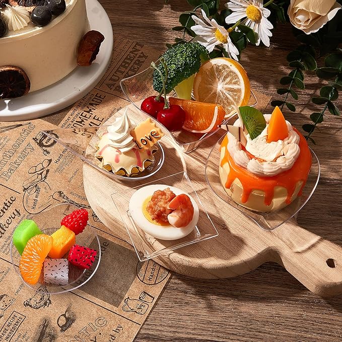 Tessco for you 100 Pcs Mini Appetizer Plates Set, Disposable Dessert Plates Assorted Shape Mini Plastic Spoons for Wedding Party Birthday (Clear)