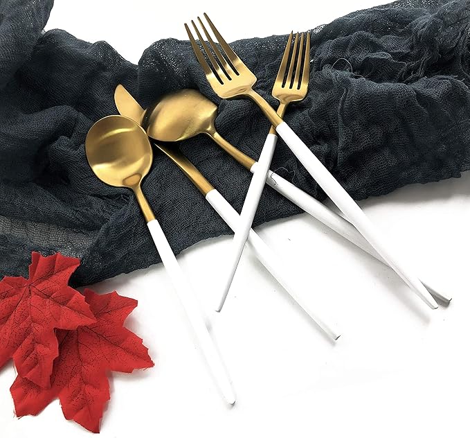 Silverware Set, Hand polished Matte Gold White Flatware Cutlery Set Service for 4, Satin Finish 20 Pieces 18/10 Stainless Steel Utensils Set for Home and Restaurant, Dishwasher Safe
