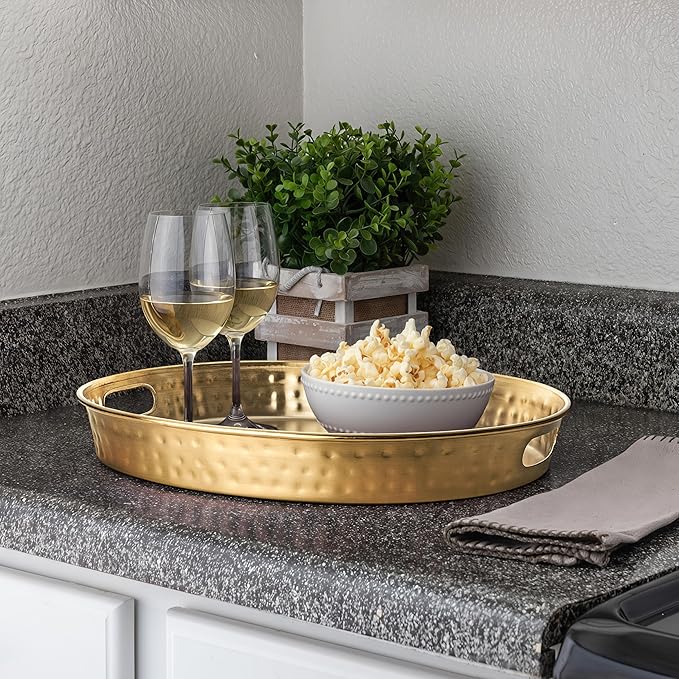 Monarch Abode Serving Tray with Handles – 17-Inch Hand Hammered Metal Platter for Living Room, Brushed Gold Finish Large Ottoman Tray Accent for Coffee Table, Tea & Food Serving Dish for Party