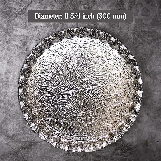 Coffee Tea Beverage Serving Tray, Vintage and Fancy Round Design (Bright Silver)