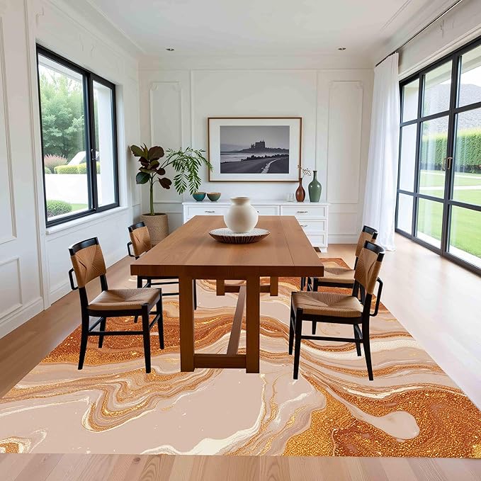 Modern Abstract Warm Brown Beige Marble Wavy Pattern Indoor Large Carpet for Living Room Bedroom Soft Thick Non Slip Area Rug 10x12 under Dining Room Table Liquid Aesthetic Luxury Art Deco Indoor Rugs
