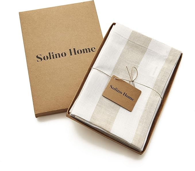 Solino Home Linen Napkins Set of 4-100% Pure Linen Cabana Stripe Natural and White Cloth Dinner Napkins 20 x 20 Inch for Christmas, Holiday, New Year - Handcrafted and Machine Washable