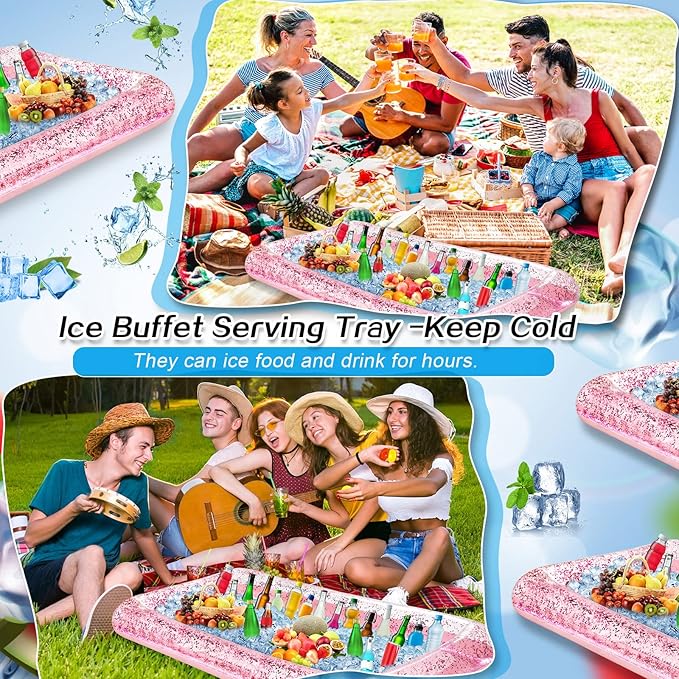 Leitee Inflatable Serving Bar with Drain Plug 52 x 24 x 5'' Inflatable Ice Serving Buffet Bar for Party Food Cooler Buffet Drink(Pink,Sequin Style)