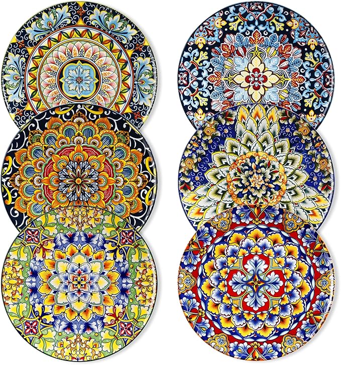 vancasso Salad Plates Set of 6-8.5 Inch Ceramic Dessert Plate, Small Dinner Plate Set, Microwave, Oven and Dishwasher Safe, Colorful Bohemian Style Dishes for Kitchen