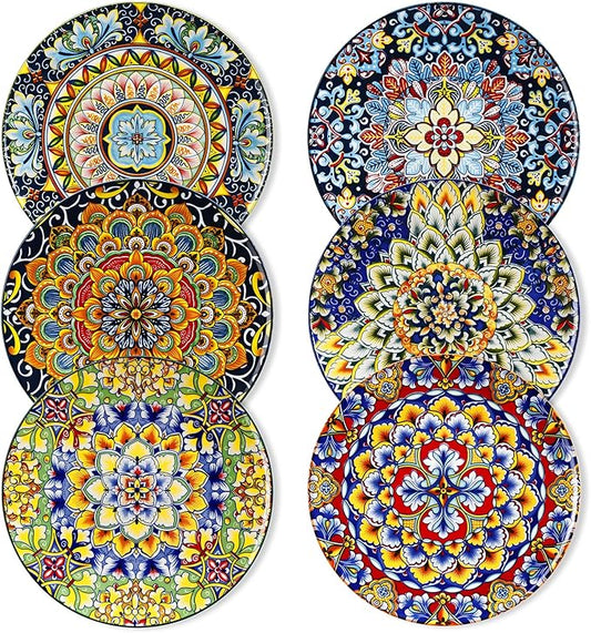 vancasso Salad Plates Set of 6-8.5 Inch Ceramic Dessert Plate, Small Dinner Plate Set, Microwave, Oven and Dishwasher Safe, Colorful Bohemian Style Dishes for Kitchen