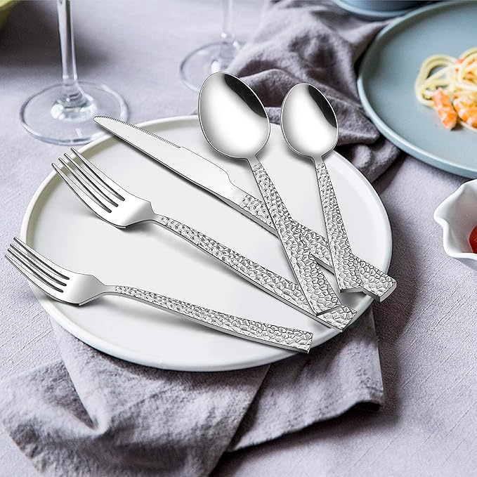 35-Piece Silverware Set with Serving Pieces, E-far Stainless Steel Hammered Flatware Eating Utensils Service for 6, Modern Tableware Cutlery Set with Square Edge, Mirror Polished, Dishwasher Safe