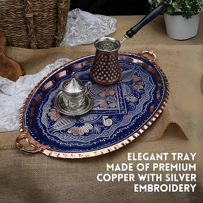 Decorative Copper Tray for Coffee Table, Coffee Bar, Serving Tray and Home Decor-Handmade Pure Copper Tray with Silver Ottoman Patterns (Black) (Dark Blue)