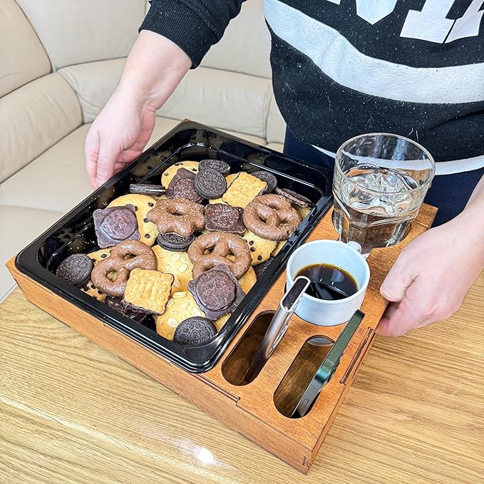 Wooden Serving Tray with Cup Holder - Coffee Table Rustic Cookie Caddy – Drink Tray - Couch Organizer - Ottoman Stand Caddy for Food - Snack Holder for Movie and Game Nights