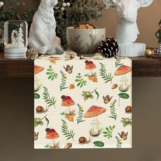 Mushroom Floral Table Runner Seasonal Spring Kitchen Dining Linen Table Decoration for Indoor Outdoor Home Party Decor 13 x 72 Inch
