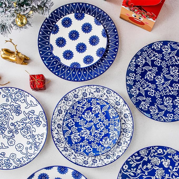 Ceramic Salad Plates Set - 8.5 Inch Kitchen Small Round Dinner - Scratch Resistant Porcelain Microwave Oven Dishwasher Safe - Dishes for Sandwich Dessert Appetizer - Set of 6 - Vintage Blue
