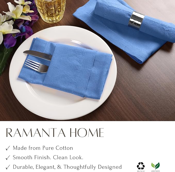 Ramanta Home Light Blue Cotton Dinner Napkins Set of 12, 18x18 Inch 100% Cotton Cloth Napkins, Reusable Fabric Table Napkins for Everyday Dining, Parties, Wedding, Spring & Easter Table Décor Washable