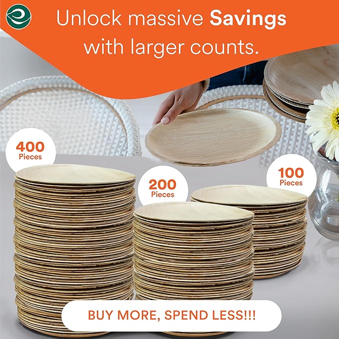 ECO SOUL Palm Leaf Plates 8"(400 Count) Round Compostable Bamboo Plates Heavy- Duty, Biodegradable Eco-Friendly Dinnerware for Christmas Party Dinner, Wedding, Holiday & Event