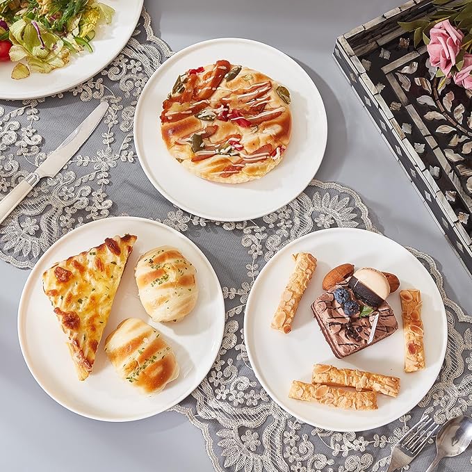 AntoKueh White Salad Plates Set of 6, 8.3 Inch Fine Bone China Small Dishes with Shallow Edge for Dessert, Appetizer, Steak, Dishwasher/Microwave safe