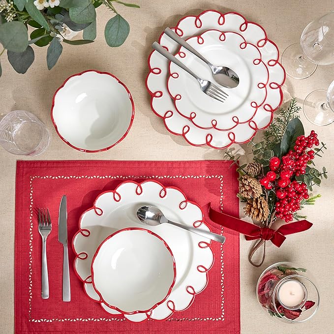 Sango 12-Piece Earthenware Dinnerware Set for 4, Glossy White Plates and Bowls Sets with Red Scalloped Rims, Premium Dish Set, Holiday Dishes for Gifting & Hosting Christmas Party, Splash of Cheers