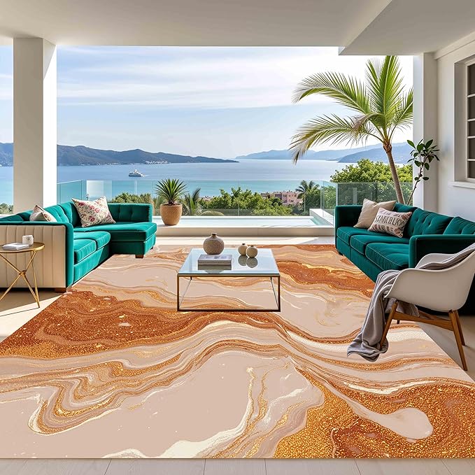 Modern Abstract Warm Brown Beige Marble Wavy Pattern Indoor Large Carpet for Living Room Bedroom Soft Thick Non Slip Area Rug 2x6 Under Dining Room Table Liquid Aesthetic Luxury Art Deco Indoor Rugs