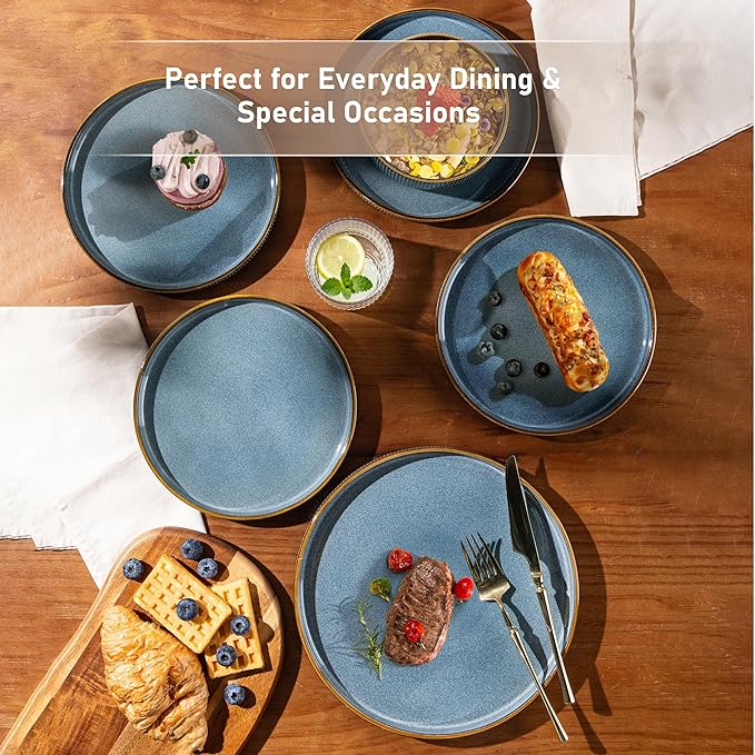 GBHOME 18-Piece Stoneware Dinnerware Set for 6 – Ribbed Ceramic Plates and Bowls, Scratch-Resistant, Microwave & Dishwasher Safe, Reactive Glaze, Deep Ocean