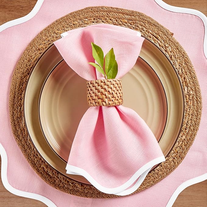 Solino Home Linen Scallop Cloth Napkins Set of 4-100% Pure Linen White and Pink Lemonade Dinner Napkins 20 Inch - Giselle Scallop Edge, Handcrafted and Machine Washable