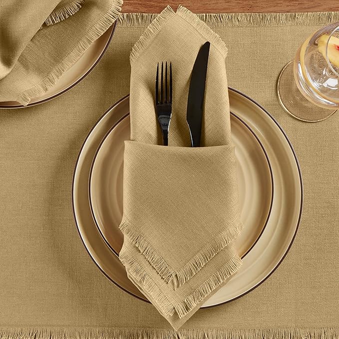 Solino Home Fringe Linen Cloth Napkins Set of 4-100% Pure Linen Kelp Dinner Napkins 20 x 20 Inch for Christmas, Holiday, New Year - Handcrafted and Machine Washable