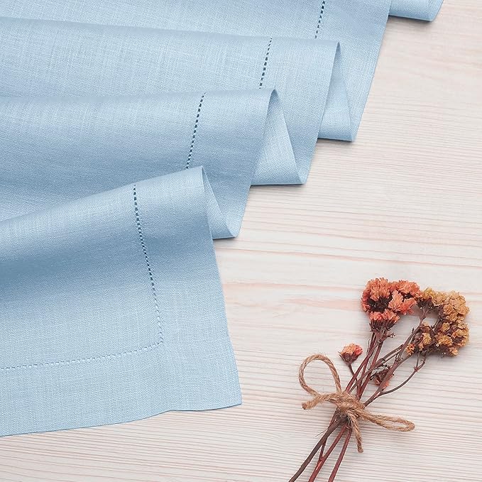 D'Moksha Homes Linen Powder Blue Table Runner 72 Inches Long - 100% Pure Linen Hemstitch Table Runner 14 x 72 Inch for Dresser, Dining, Winter, Christmas, Holiday, New Year - Classic Hemstitch