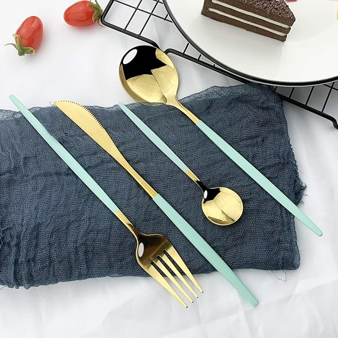 JASHII 24 Piece Titanium Mint Green Plated Stainless Steel Flatware Set,Mint Green Handle With Gold Mouth Utensils Set, Cutlery Set Service for 6
