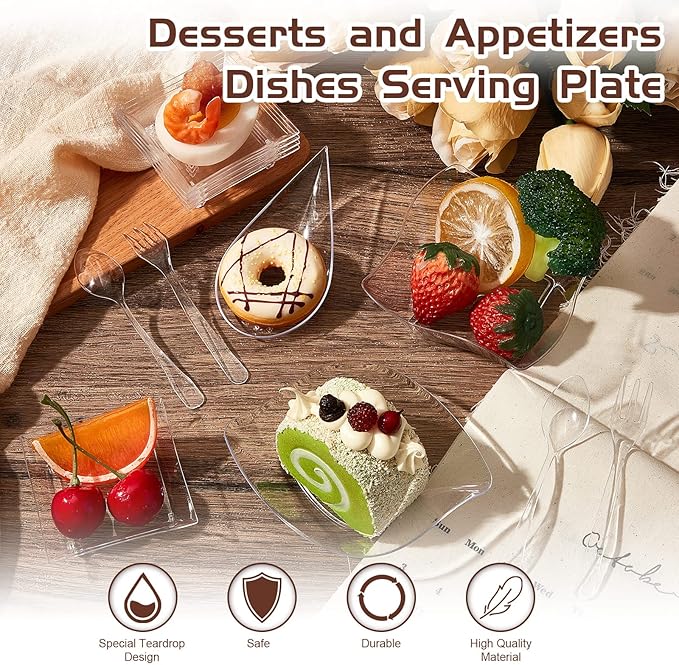 Tessco 400 Pcs Mini Dessert Plates Set, Including 200 Disposable Appetizer Plates Assorted Shape 100 Mini Plastic Forks 100 Plastic Spoons for Party Birthday(Clear)