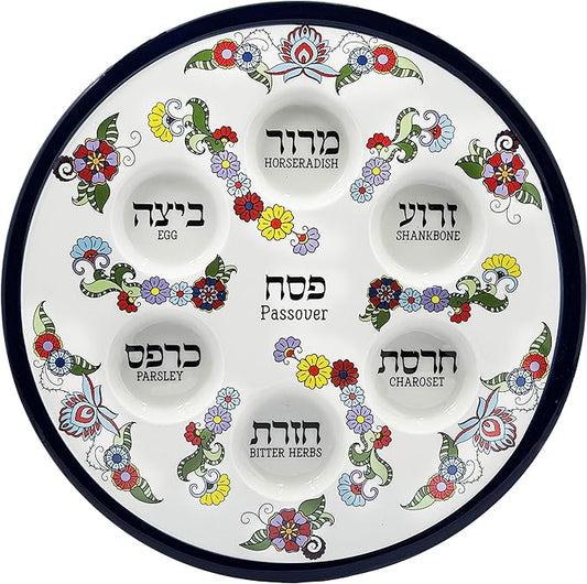 The Dreidel Company Ceramic Seder Plate Renaissance Design Passover Plate, 12" Inch Diameter - Blue (Turquoise Floral Design)