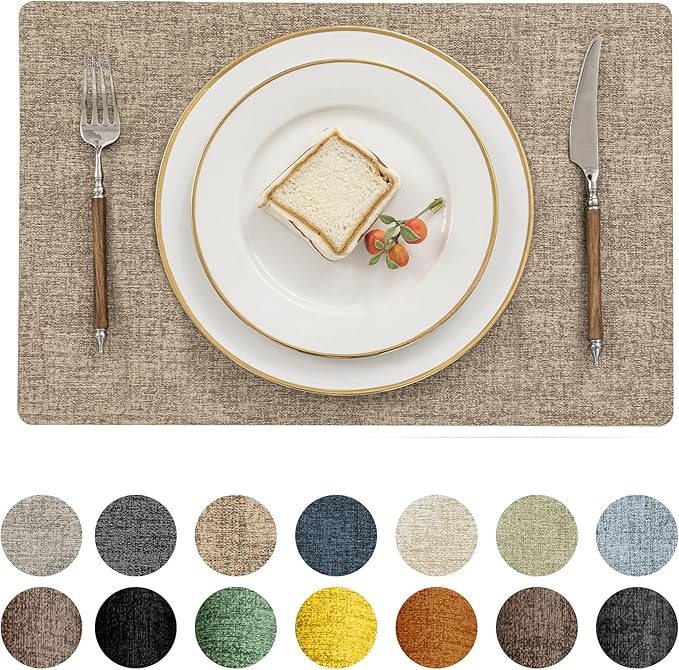 Romanstile Vinyl Placemats Set of 4-12 X 17 Inch - Faux Leather 100% Waterproof Oil-Proof Wipeable Place Mats, Heat Resistant Reversible PU Table Mats for Kitchen Dining Party Outdoor, Khaki