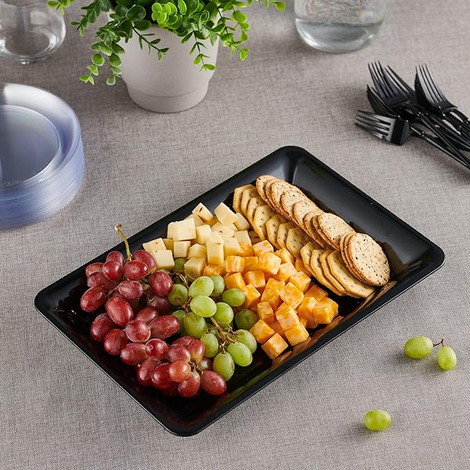 Plasticpro Plastic Serving Trays - Serving Platters Rectangle 10 X 14 Disposable Party Dish Black Pack of 4