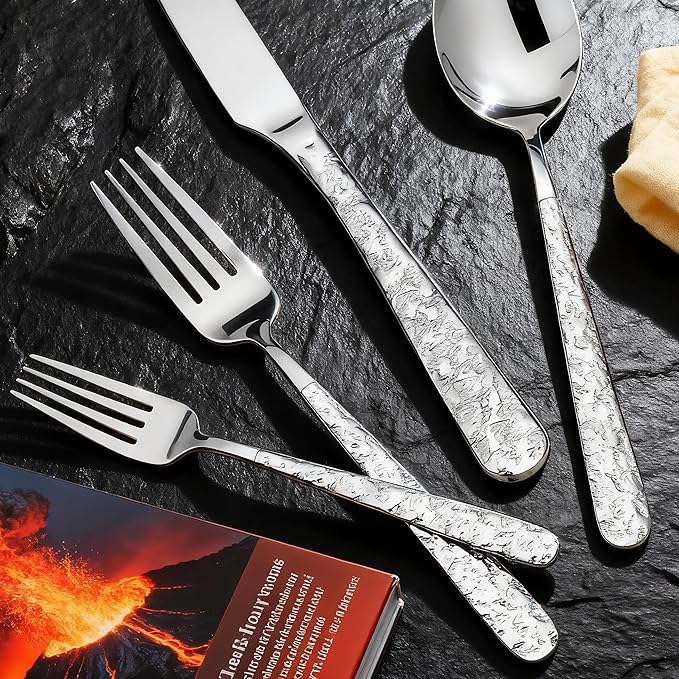 40-Piece Hammered Silverware Set for 8, Stainless Steel Cutlery with Unique Lava Texture, Nickel Free Spoons & Forks Set, Dishwasher Safe Flatware, Elegant Design for New Home Gifts