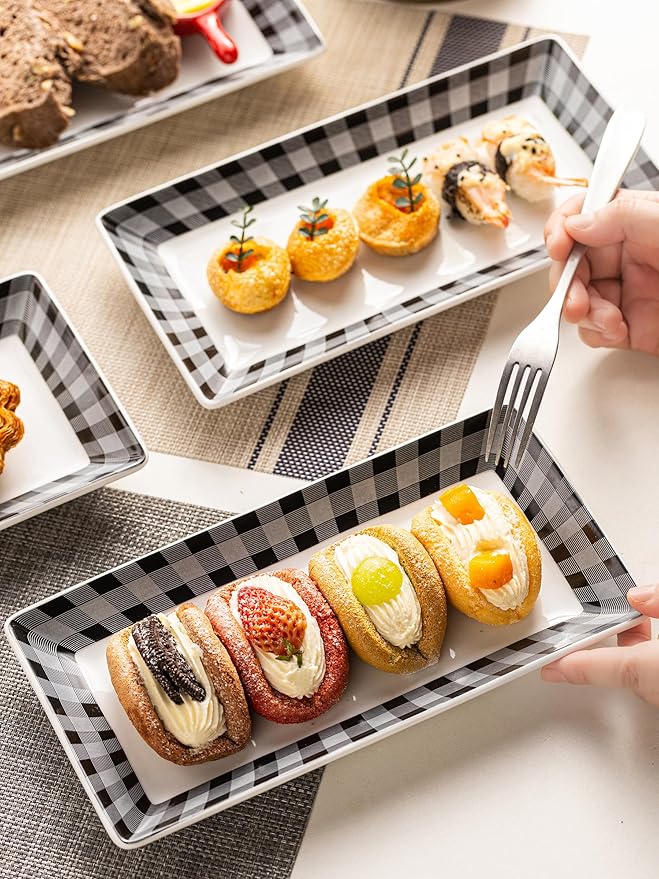 YHOSSEUN Ceramic Serving Platters Set of 4, Appetizer Serving Dishes Rectangular Dinner Sushi Plates for Parties, Halloween Table Decor, Checkered, 10 Inch