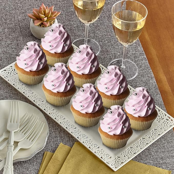 SILVER SPOONS Elegant Lace Plastic Serving Trays (6 PC), Disposable Plastic Trays and Platters for Party - 14” x 7.5”, Serves Snacks, Desserts, Sweets, Perfect for celebrations & events - Ivory